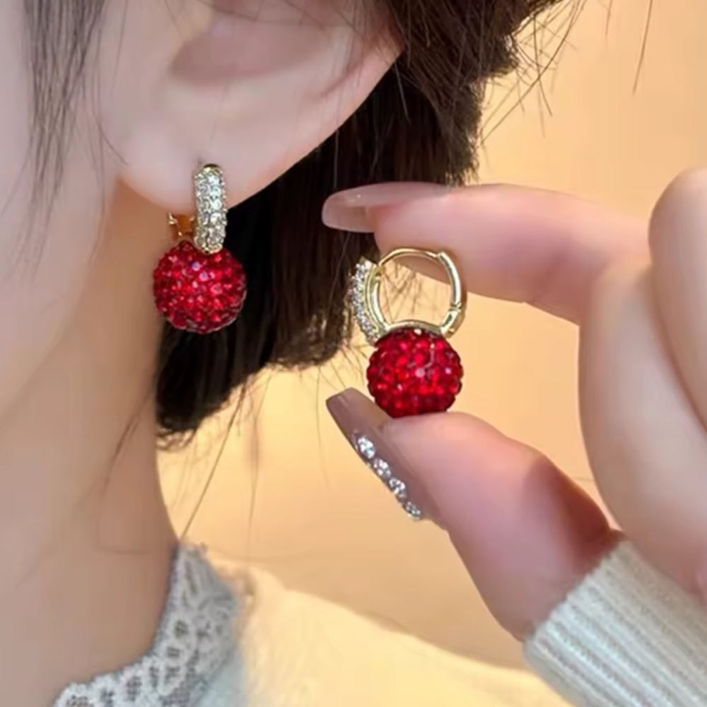 Luxury Red Crystal Ball Earrings – Gold Drop Sparkle Statement Jewelry - Picture 3 of 4